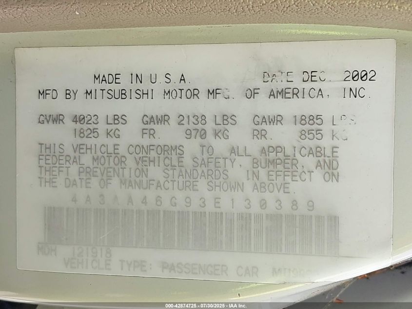 2003 Mitsubishi Galant Es/Ls VIN: 4A3AA46G93E130389 Lot: 42874725