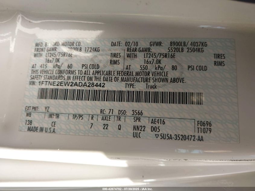 2010 Ford E-250 Commercial/Recreational VIN: 1FTNE2EW2ADA28442 Lot: 42874782