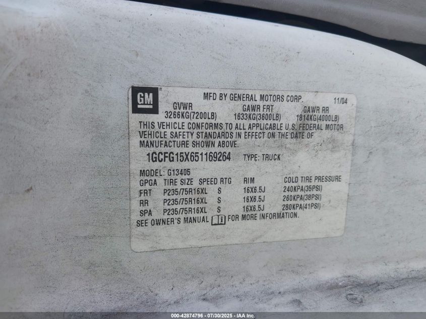 2005 Chevrolet Express VIN: 1GCFG15X651169264 Lot: 42874796