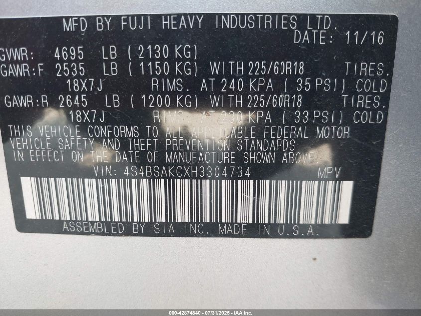 2017 Subaru Outback 2.5I Limited VIN: 4S4BSAKCXH3304734 Lot: 42874840