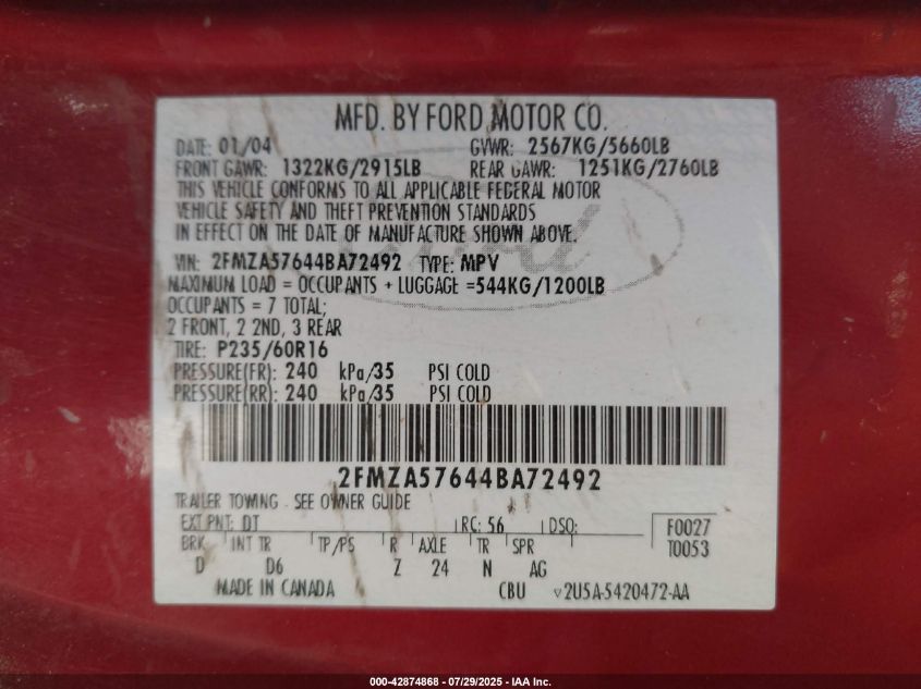 2004 Ford Freestar Ses VIN: 2FMZA57644BA72492 Lot: 42874868