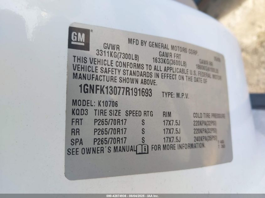 2007 Chevrolet Tahoe Lt VIN: 1GNFK13077R191693 Lot: 42874936