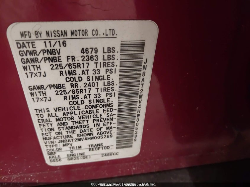 2017 NISSAN ROGUE SV - JN8AT2MV4HW005289