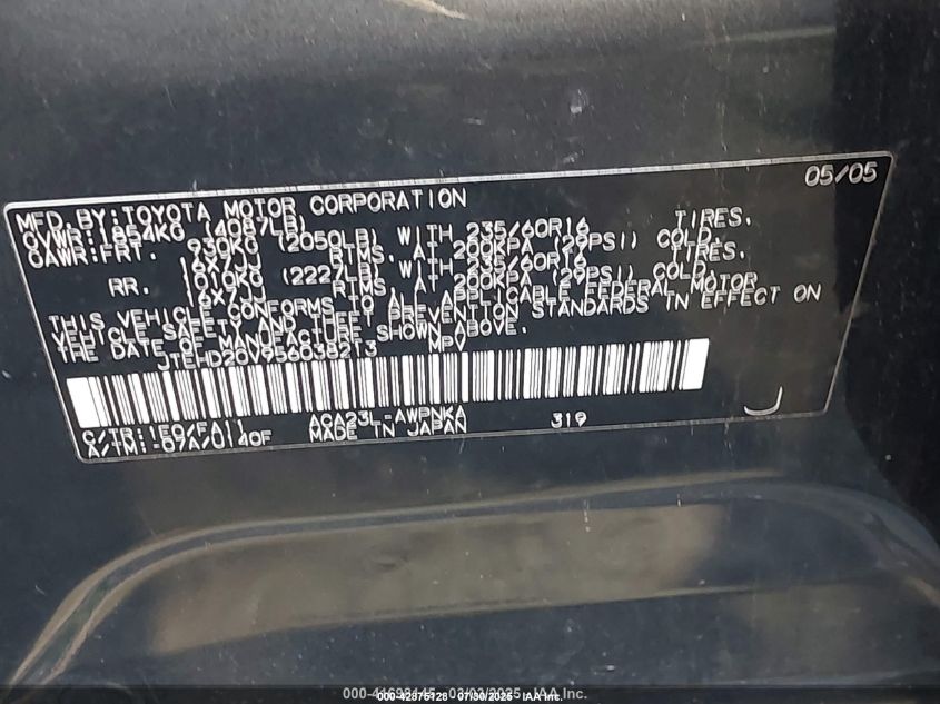 2005 Toyota Rav4 VIN: JTEHD20V956038213 Lot: 42875128