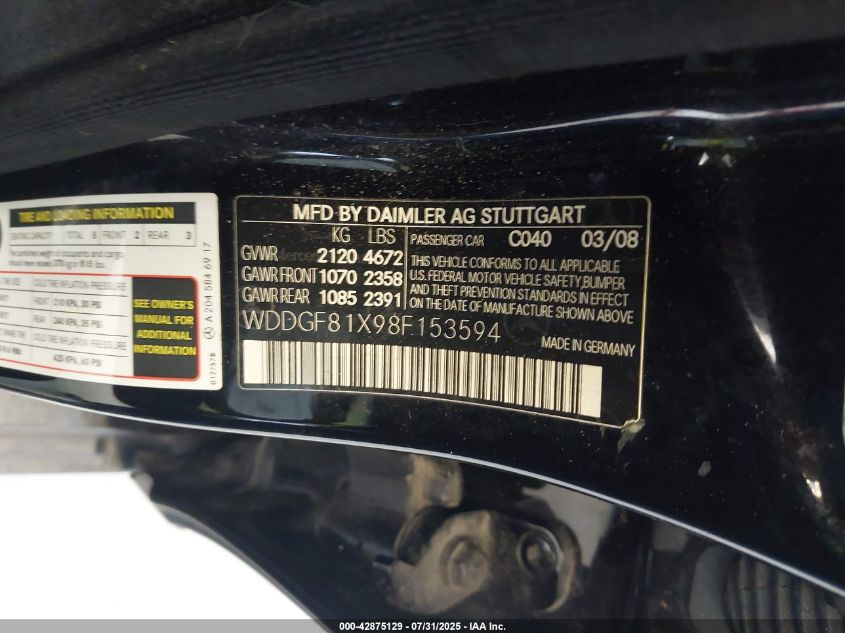 2008 Mercedes-Benz C 300 Luxury 4Matic/Sport 4Matic VIN: WDDGF81X98F153594 Lot: 42875129