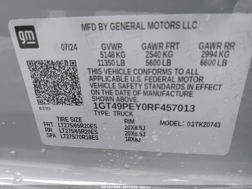 2024 GMC Sierra 2500Hd 4Wd Standard Bed At4 VIN: 1GT49PEY0RF457013 Lot: 42875265