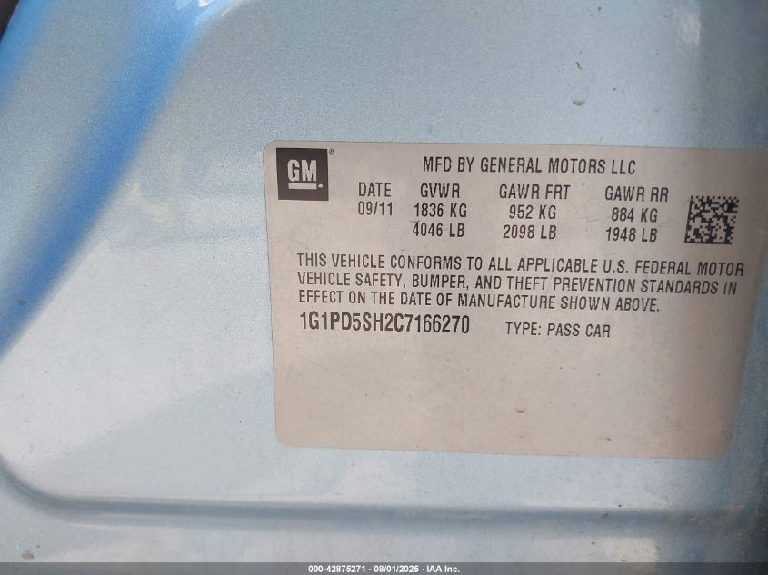 2012 Chevrolet Cruze Ls VIN: 1G1PD5SH2C7166270 Lot: 42875271