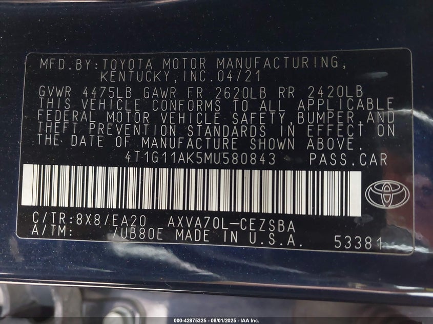 2021 Toyota Camry Se VIN: 4T1G11AK5MU580843 Lot: 42875325