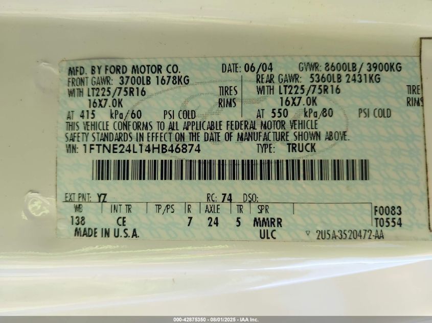 2004 Ford E-250 Commercial/Recreational VIN: 1FTNE24L14HB46874 Lot: 42875350