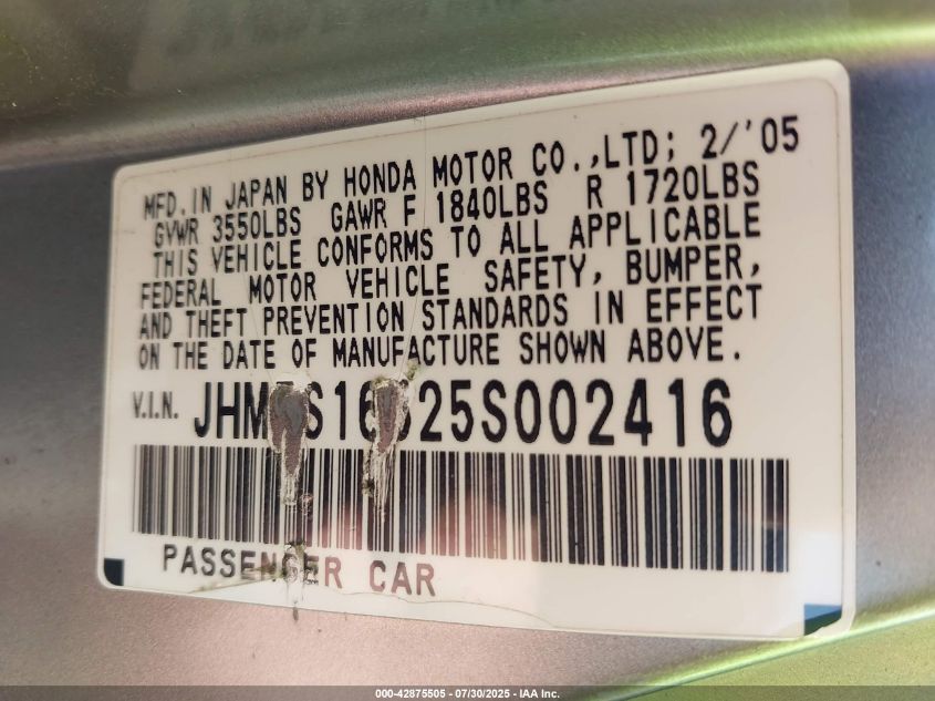 2005 Honda Civic Lx VIN: JHMES16525S002416 Lot: 42875505