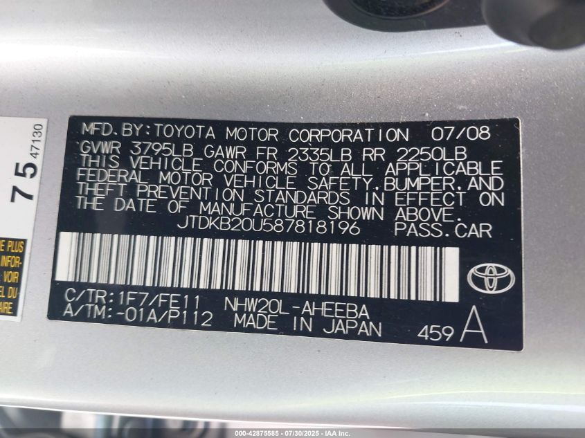 2008 Toyota Prius VIN: JTDKB20U587818196 Lot: 42875585