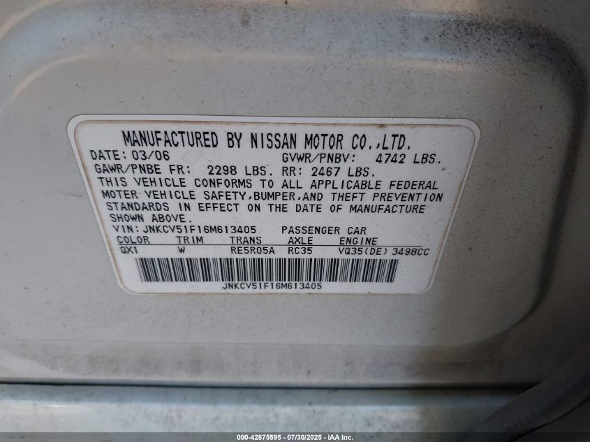 2006 Infiniti G35X VIN: JNKCV51F16M613405 Lot: 42875595