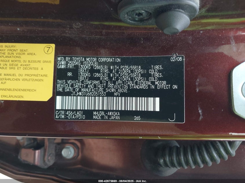 2008 Lexus Rx 400H VIN: JTJHW31U682051553 Lot: 42875669