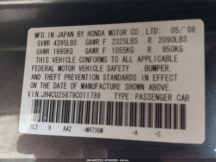 2009 Acura Tsx VIN: JH4CU25679C011789 Lot: 42875723