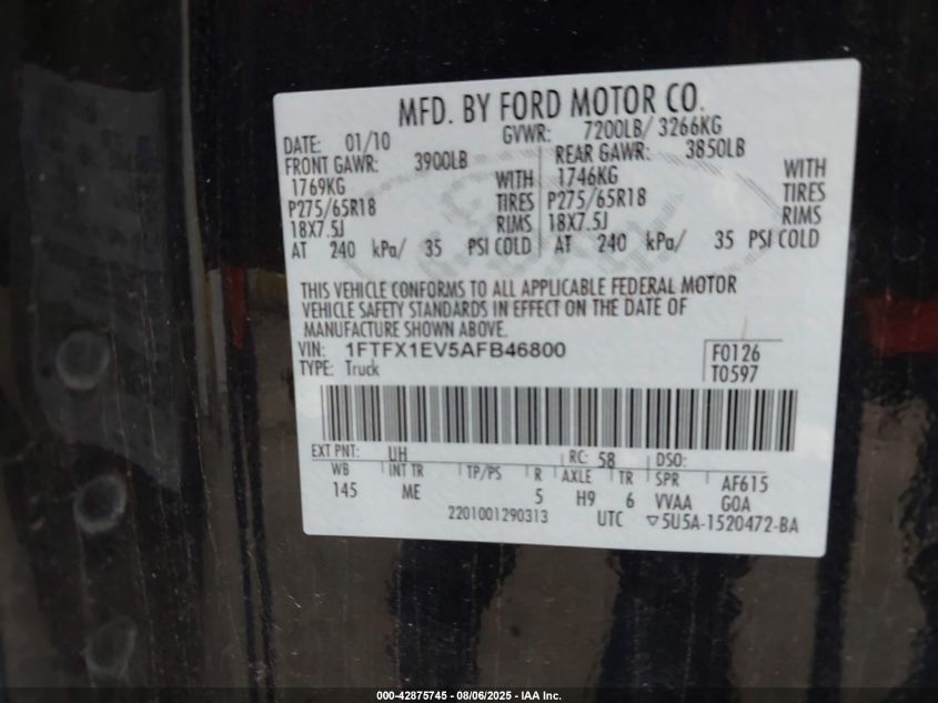 2010 Ford F-150 Fx4/Lariat/Xl/Xlt VIN: 1FTFX1EV5AFB46800 Lot: 42875745