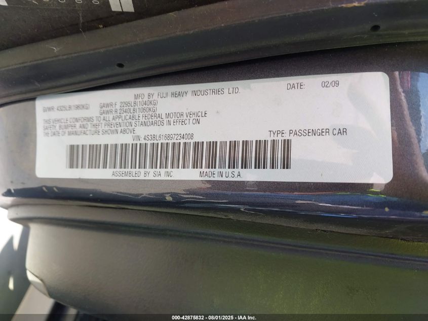 2009 Subaru Legacy 2.5I VIN: 4S3BL616897234008 Lot: 42875832