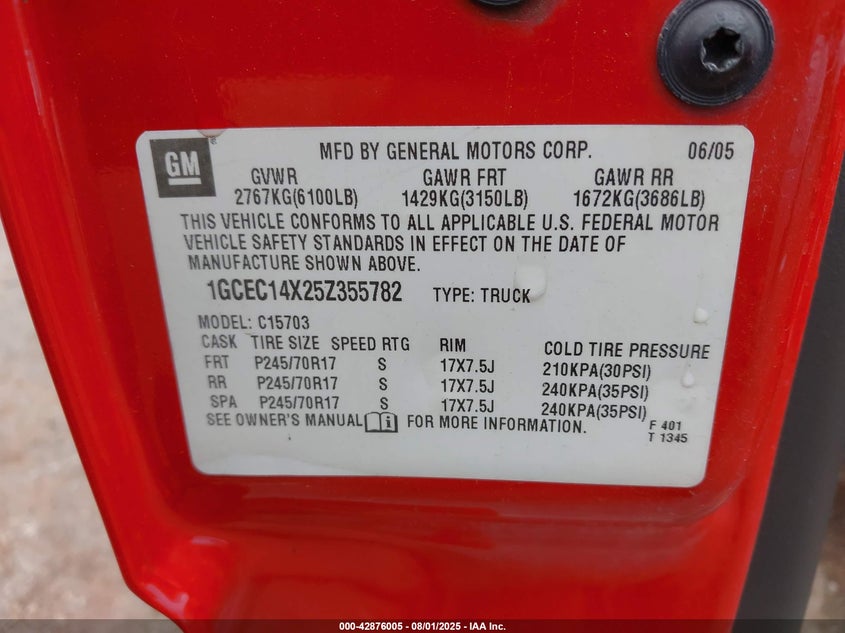 2005 Chevrolet Silverado 1500 Work Truck VIN: 1GCEC14X25Z355782 Lot: 42876005