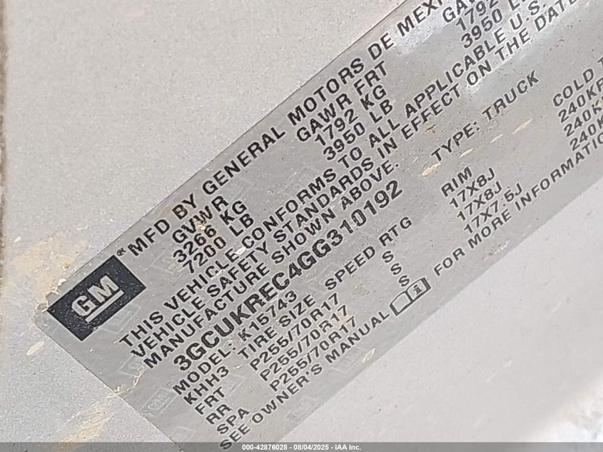 2016 Chevrolet Silverado 1500 1Lt VIN: 3GCUKREC4GG310192 Lot: 42876028