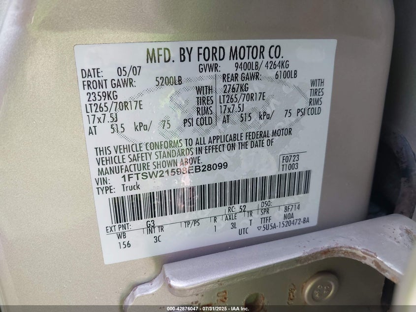 2008 Ford F-250 Fx4/King Ranch/Lariat/Xl/Xlt VIN: 1FTSW21598EB28099 Lot: 42876047