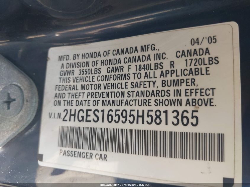2005 Honda Civic Lx VIN: 2HGES16595H581365 Lot: 42876097