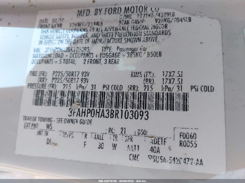 2011 Ford Fusion Se VIN: 3FAHP0HA3BR103093 Lot: 42876180