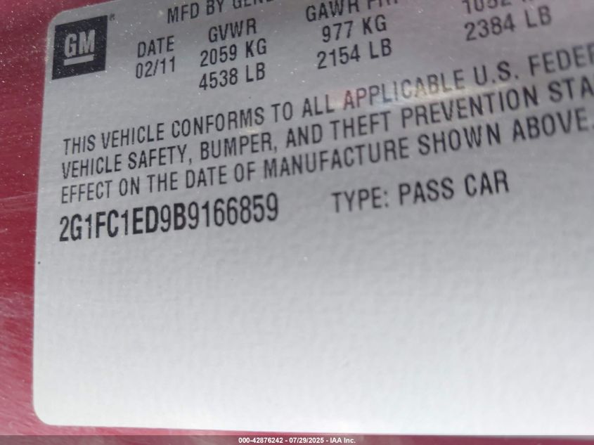 2011 Chevrolet Camaro 2Lt VIN: 2G1FC1ED9B9166859 Lot: 42876242