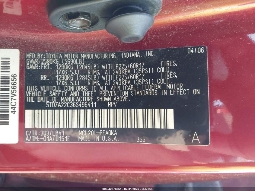 2006 Toyota Sienna Xle VIN: 5TDZA22C36S496411 Lot: 42876251