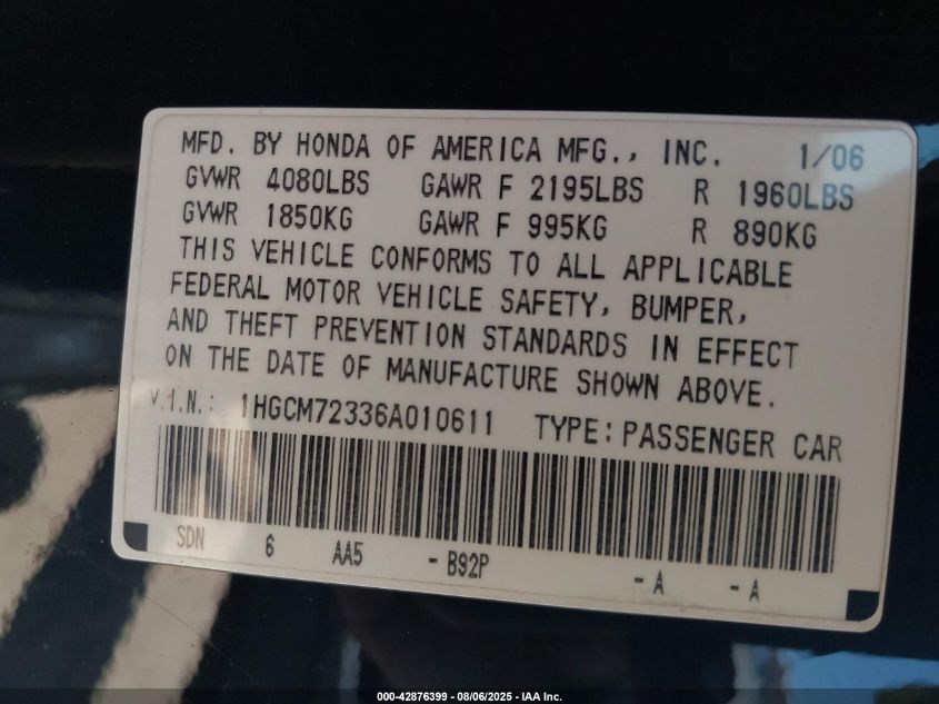 2006 Honda Accord 2.4 Lx VIN: 1HGCM72336A010611 Lot: 42876399