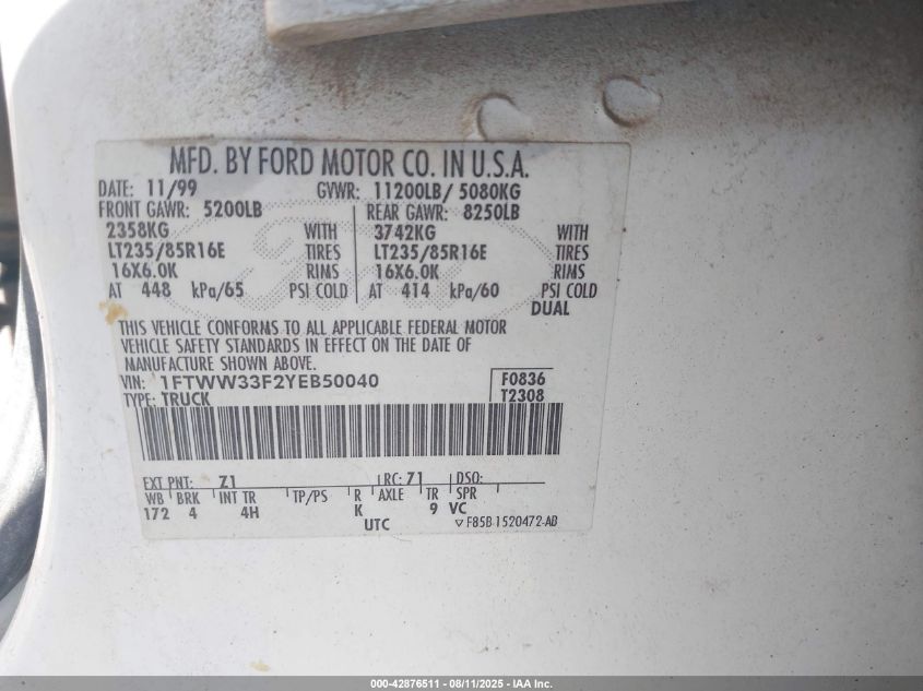 2000 Ford F-350 Lariat/Xl/Xlt VIN: 1FTWW33F2YEB50040 Lot: 42876511