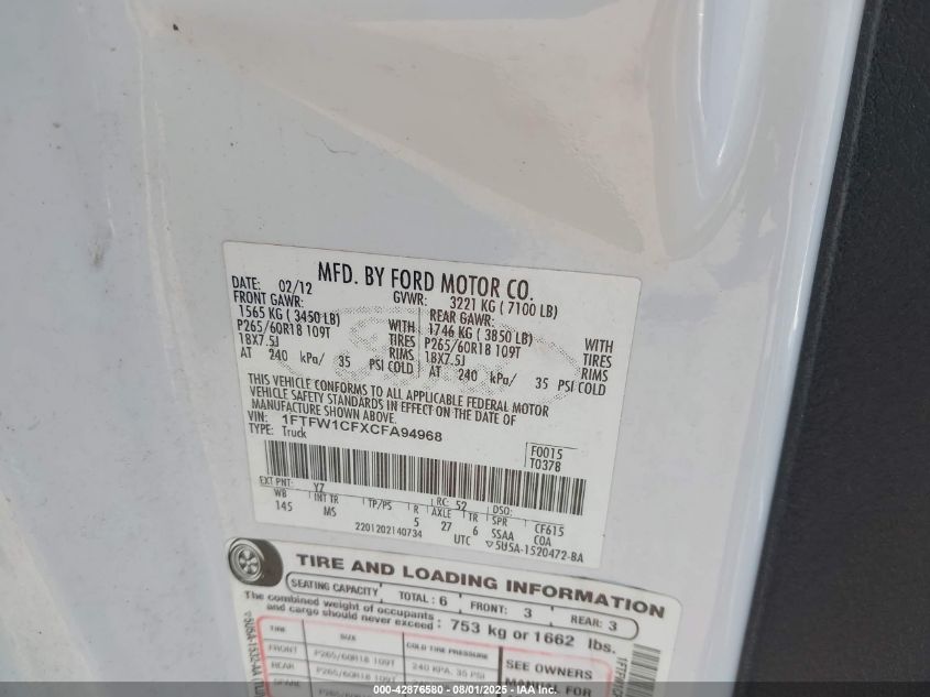 2012 Ford F-150 Xlt VIN: 1FTFW1CFXCFA94968 Lot: 42876580