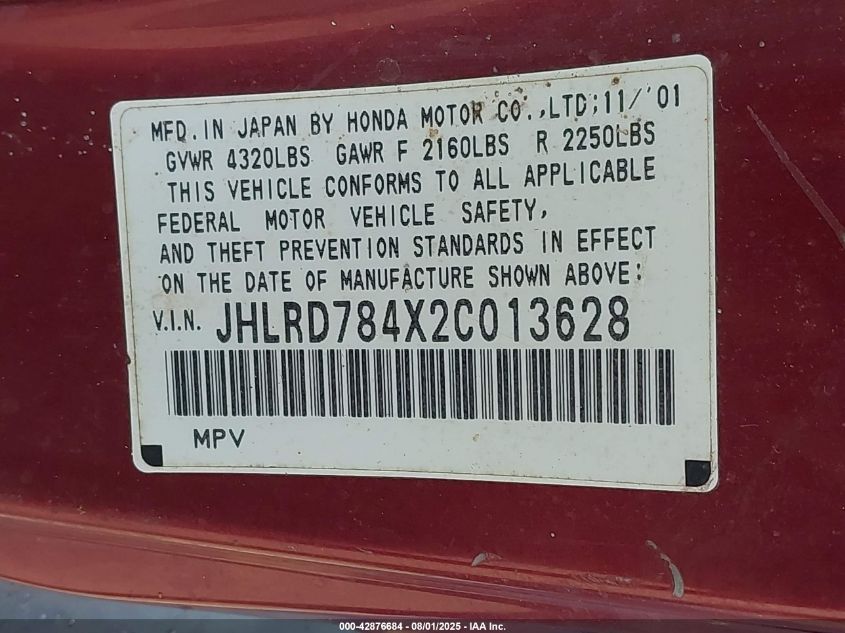 2002 Honda Cr-V Lx VIN: JHLRD784X2C013828 Lot: 42876684