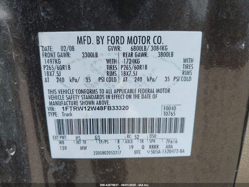 2008 Ford F-150 60Th Anniversary/Fx2/Xl/Xlt VIN: 1FTRW12W48FB33320 Lot: 42876837