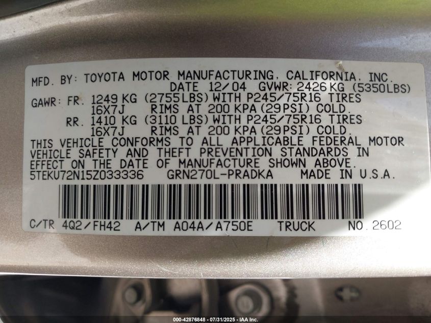 2005 Toyota Tacoma Prerunner V6 VIN: 5TEKU72N15Z033336 Lot: 42876848