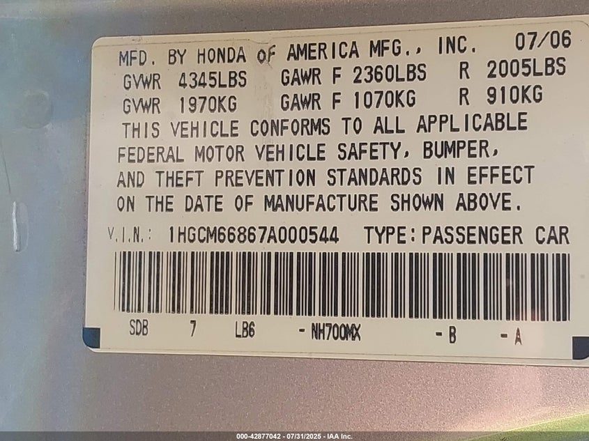2007 Honda Accord 3.0 Ex VIN: 1HGCM66867A000544 Lot: 42877042