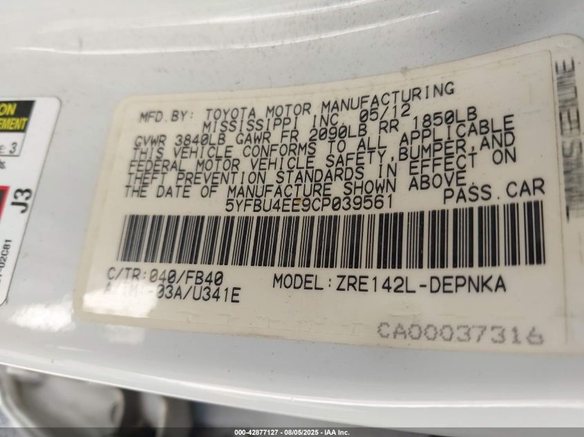 2012 Toyota Corolla Le VIN: 5YFBU4EE9CP039561 Lot: 42877127