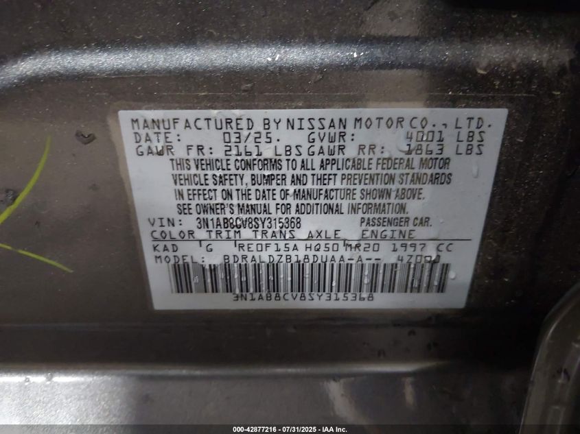 2025 Nissan Sentra Sv VIN: 3N1AB8CV8SY315368 Lot: 42877216