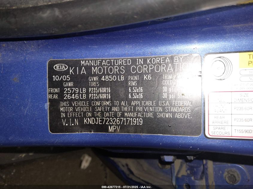 2006 Kia Sportage Ex V6/Lx V6 VIN: KNDJE723267171919 Lot: 42877315