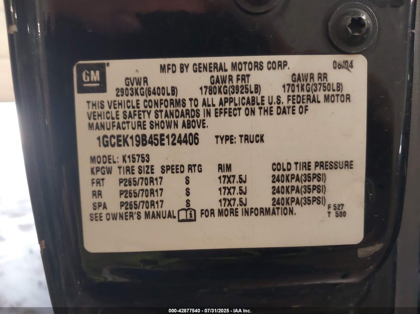 2005 Chevrolet Silverado 1500 Ls VIN: 1GCEK19B45E124406 Lot: 42877540