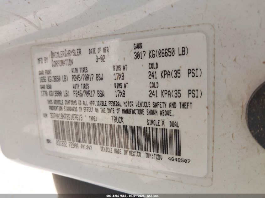 2002 Dodge Ram 1500 St VIN: 3D7HA18N72G167613 Lot: 42877563