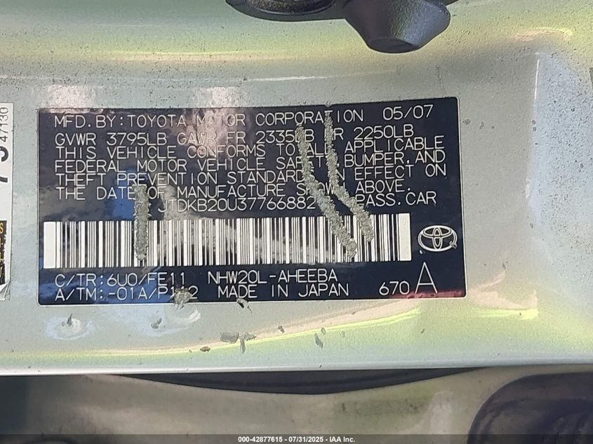 2007 Toyota Prius VIN: JTDKB20U377668829 Lot: 42877615