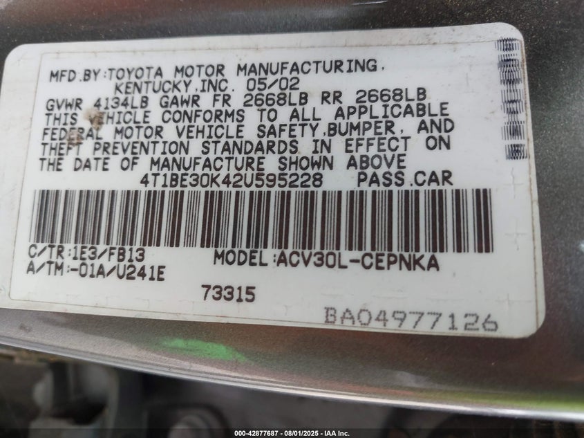 2002 Toyota Camry Le VIN: 4T1BE30K42U595228 Lot: 42877687