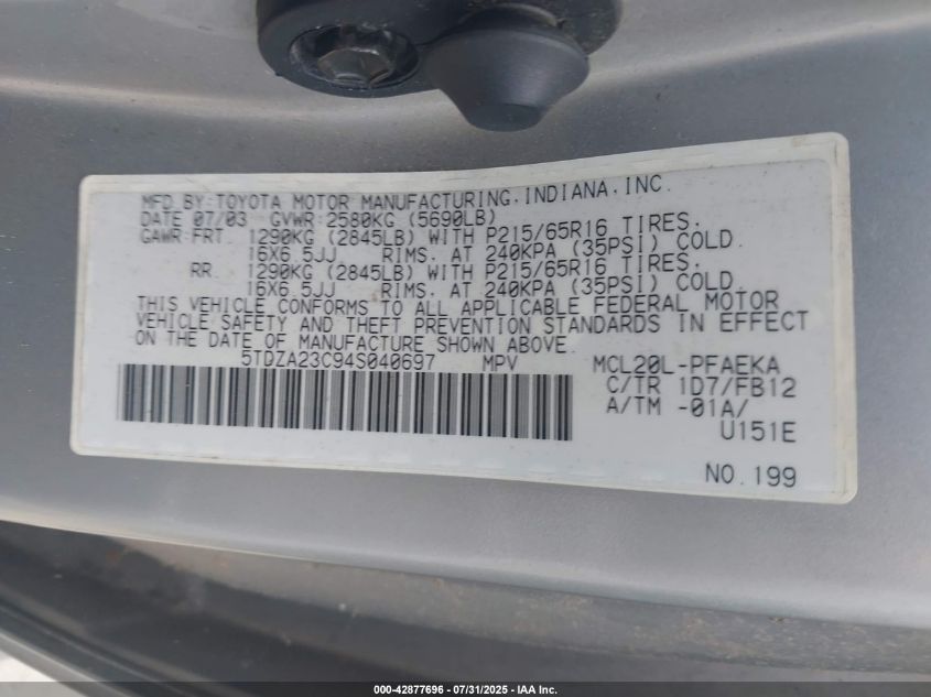 2004 Toyota Sienna Ce/Le VIN: 5TDZA23C94S040697 Lot: 42877696