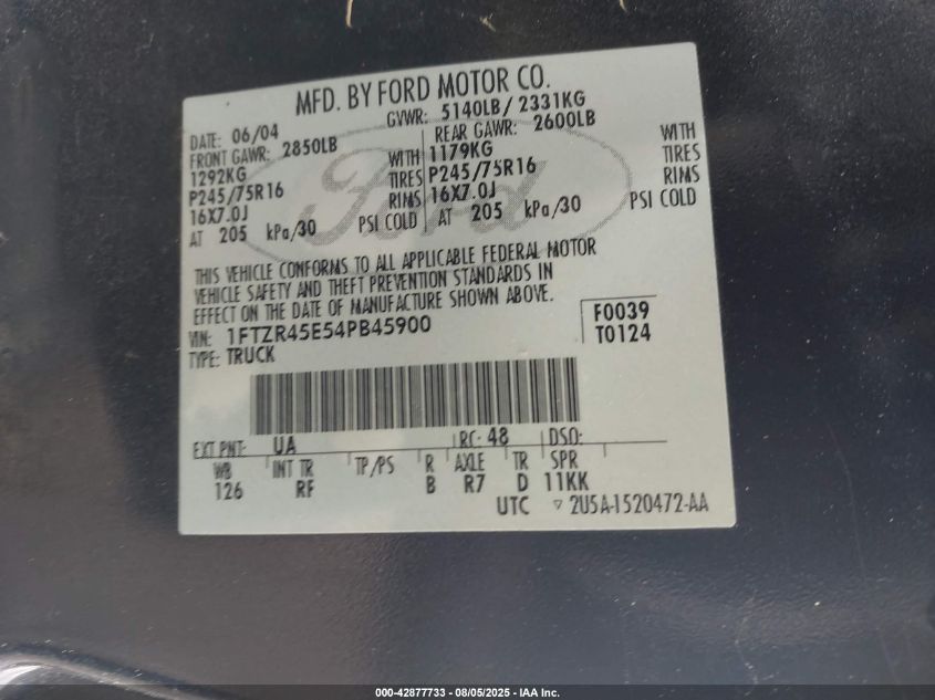 2004 Ford Ranger Edge/Tremor/Xlt VIN: 1FTZR45E54PB45900 Lot: 42877733