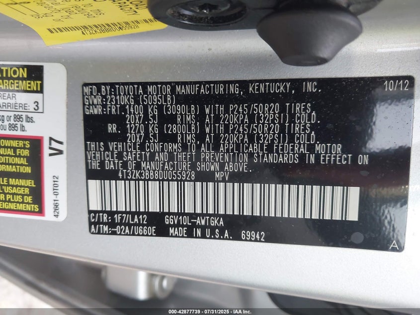 2013 TOYOTA VENZA LIMITED V6 4T3ZK3BB8DU055928