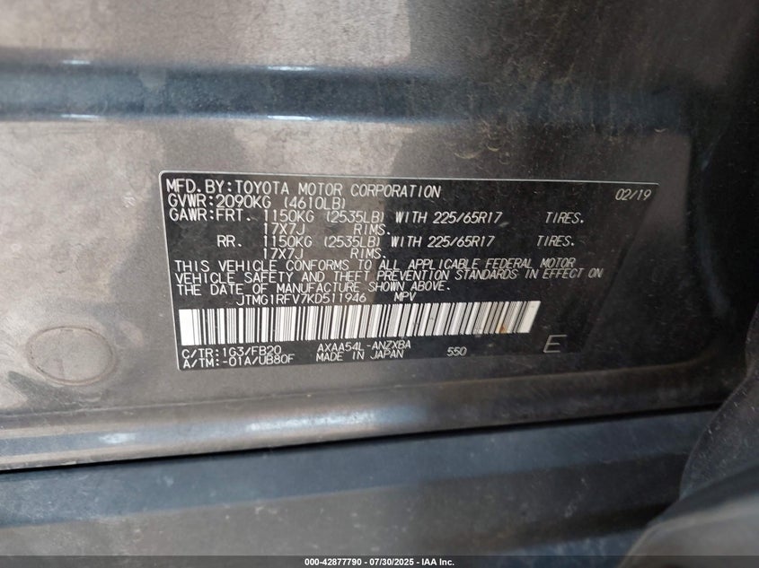 2019 TOYOTA RAV4 LE - JTMG1RFV7KD511946