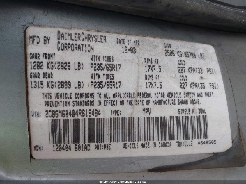 2004 Chrysler Pacifica VIN: 2C8GM68484R619484 Lot: 42877825