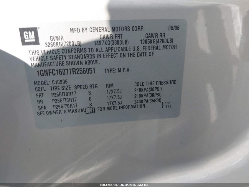 2007 Chevrolet Suburban 1500 Lt VIN: 1GNFC16077R256051 Lot: 42877907