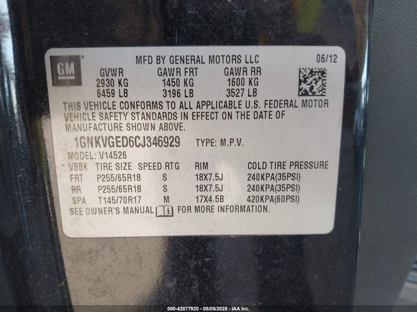 2012 Chevrolet Traverse 1Lt VIN: 1GNKVGED6CJ346929 Lot: 42877920