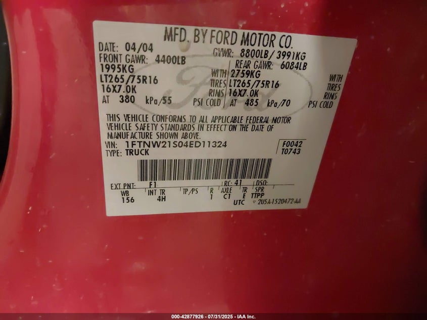 2004 Ford F-250 Lariat/Xl/Xlt VIN: 1FTNW21S04ED11324 Lot: 42877926