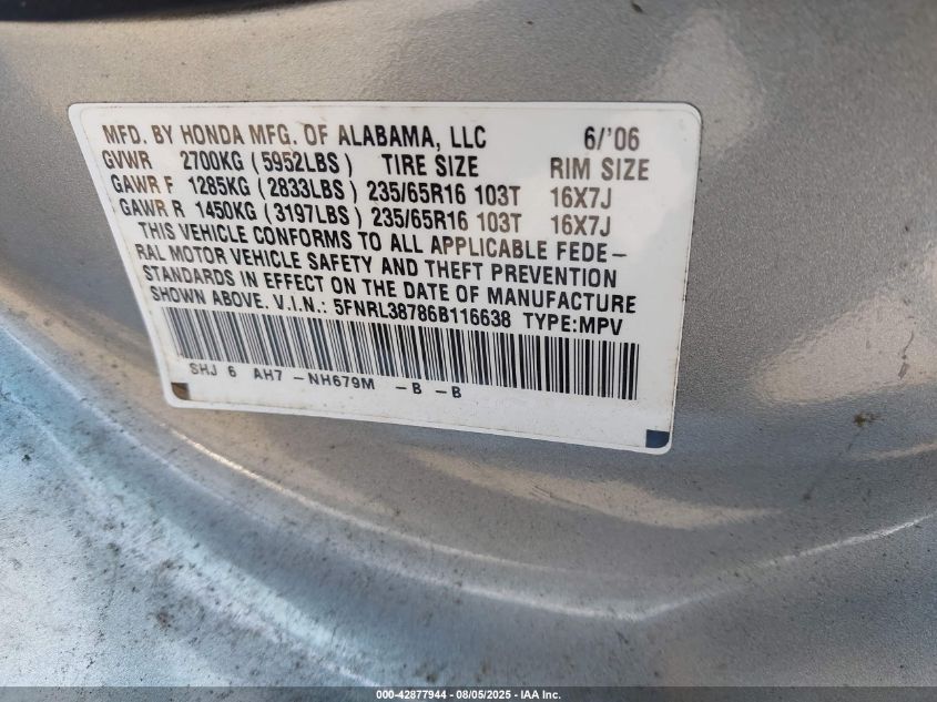 2006 Honda Odyssey Ex-L VIN: 5FNRL38786B116638 Lot: 42877944